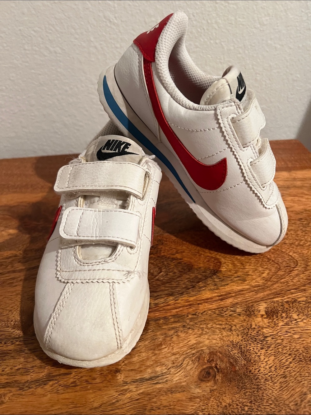 Nike Kids White & Red Velcro Sneakers with Blue Trim